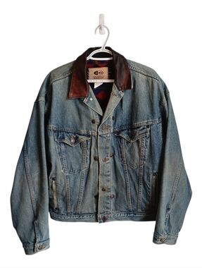 Vintage ID Denim Trucker Jacket with Brown Leather Collar And Wool Aztec Liner M